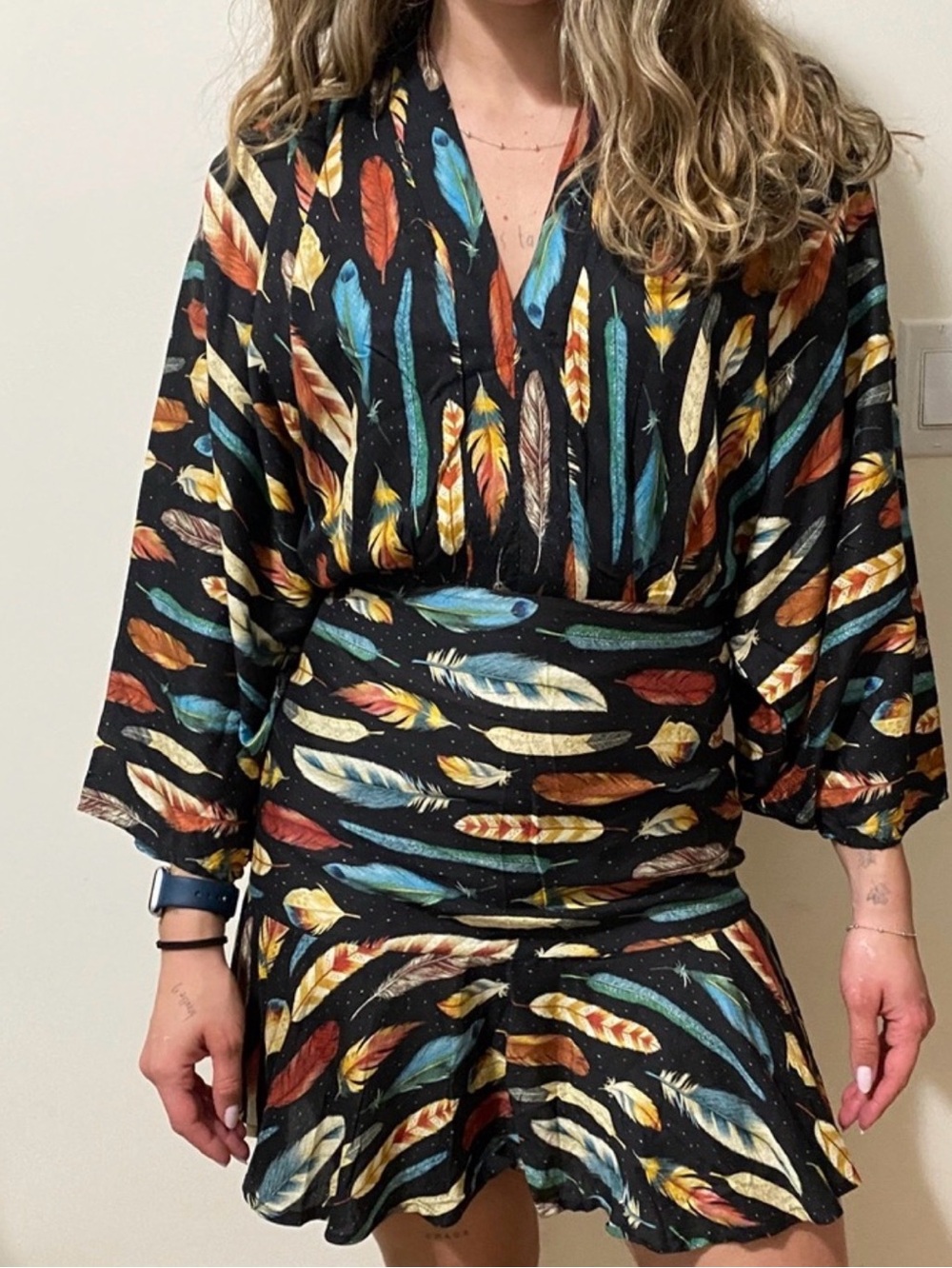 Farm Rio Feather Print Tie back Mini Dress